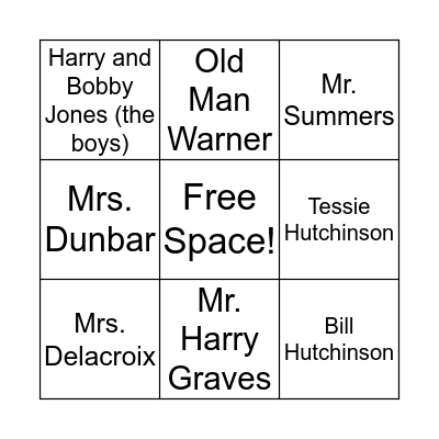 The Lottery Character Check-Off List Bingo Card