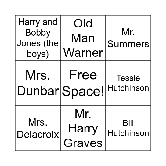 The Lottery Character Check-Off List Bingo Card