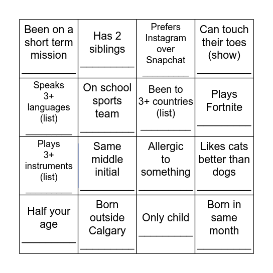 Icebreaker Bingo Card