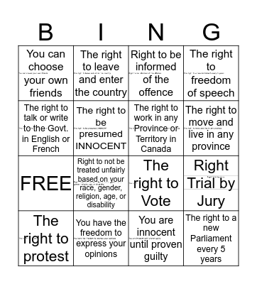 Canadian Charter of Rights and Freedom Bingo Card