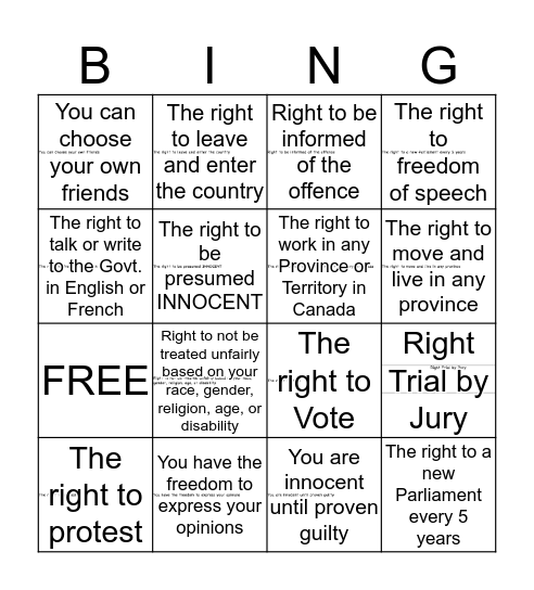 Canadian Charter of Rights and Freedom Bingo Card