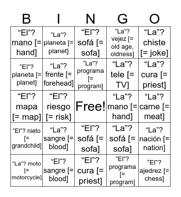 Spanish nouns are either masculine or feminine Bingo Card