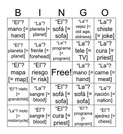 Spanish nouns are either masculine or feminine Bingo Card