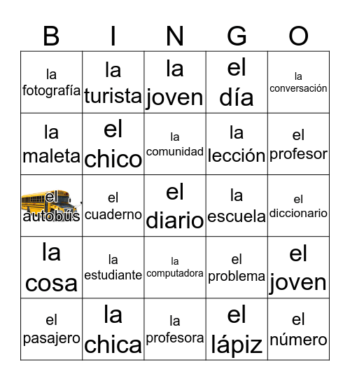 Nouns / Articles Bingo Card