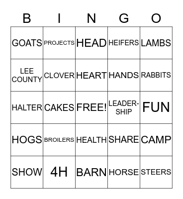 NWLC 4H CLUB  Bingo Card