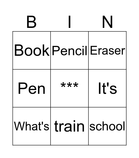 School Items Bingo Card