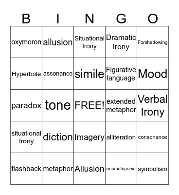 literary devices  Bingo Card