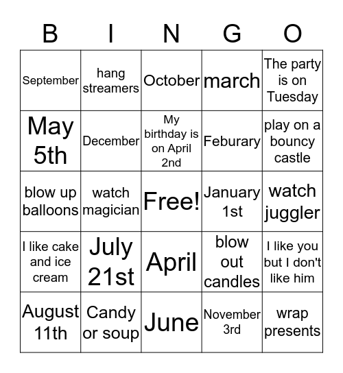 Party!! TIME!! Bingo Card