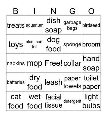 Household and Pet Supplies Bingo Card