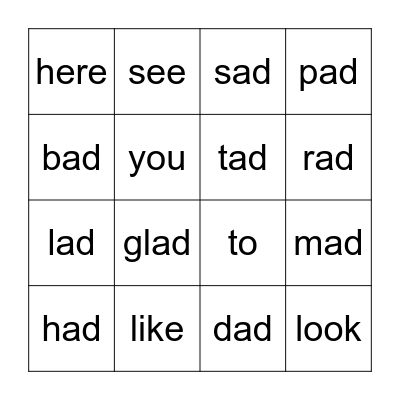 -ad Word Family Bingo Card