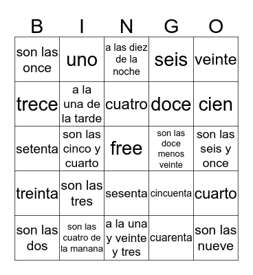 Spanish vocabulary for NUMBERS AND TIME Bingo Card