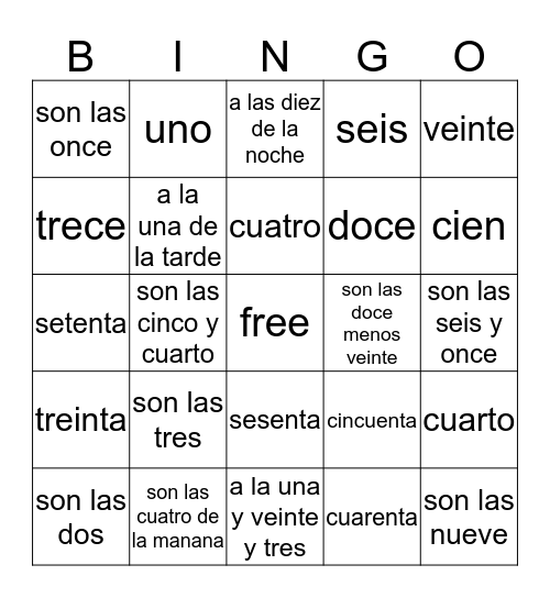 Spanish vocabulary for NUMBERS AND TIME Bingo Card