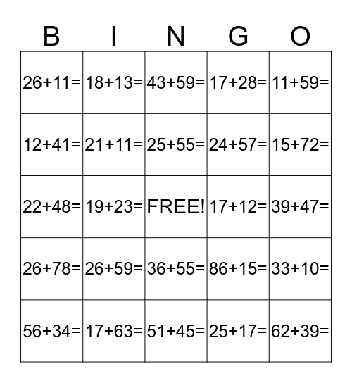 2 digit addition  Bingo Card