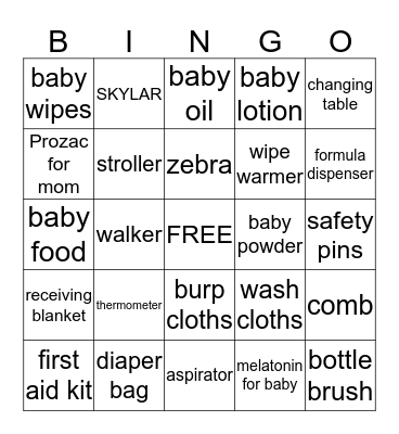 Skylar's Bingo Card