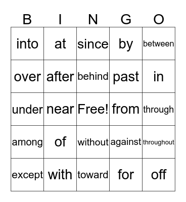 Preposition Bingo Card