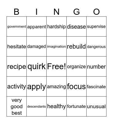 5th grade vocabulary Bingo Card