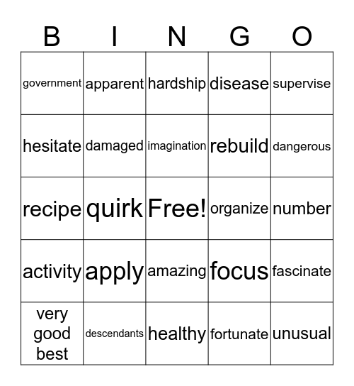 5th grade vocabulary Bingo Card