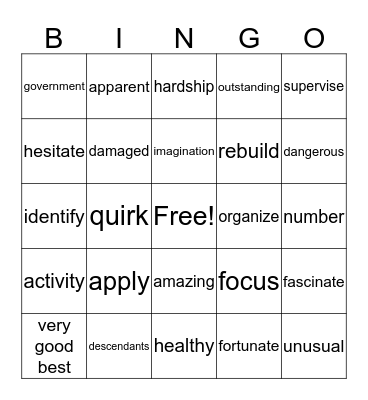 5th grade vocabulary Bingo Card