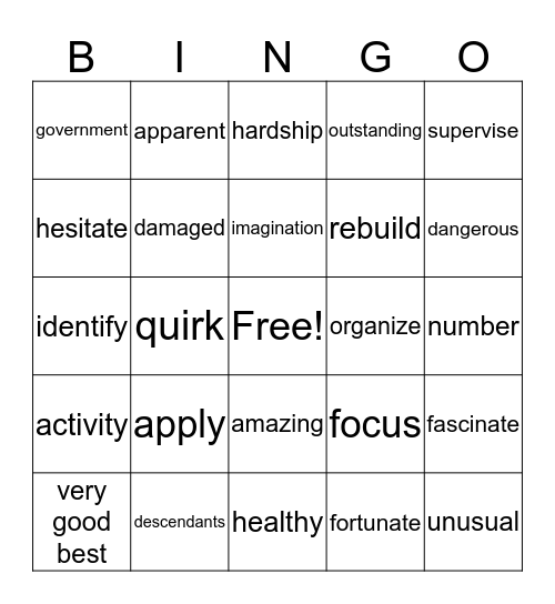 5th grade vocabulary Bingo Card