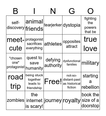 YA Trope Bingo Card