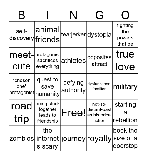 YA Trope Bingo Card