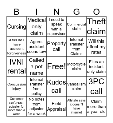 FNOL BINGO Card