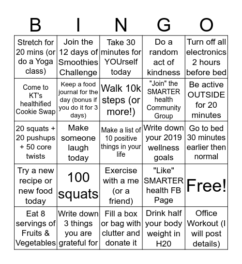 December Wellness Bingo Challenge Bingo Card