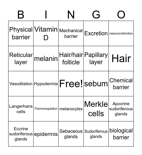 Unit 4 Integumentary System Bingo Card