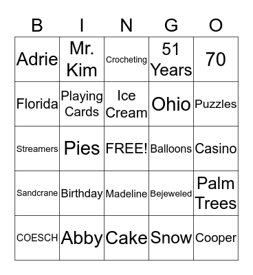 Grandma's Birthday Bingo Card