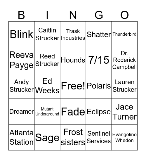 F.L.O.A.B. The Gifted December 2018 Bingo Card