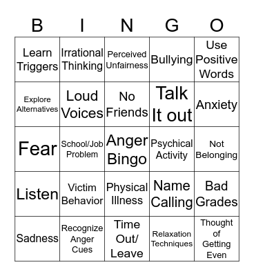 Anger Bingo for Teens  Bingo Card