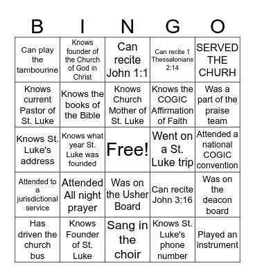 Church Bingo Card