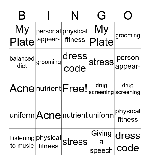 Good Health And Appearance Bingo Card