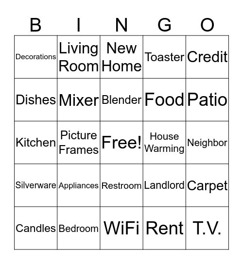 House Warming Bingo Card