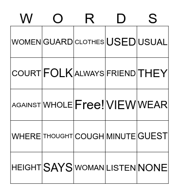 RED WORDS VOCABULARY Bingo Card