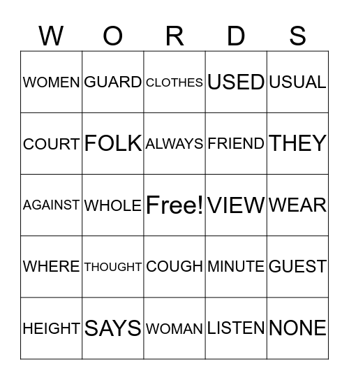 RED WORDS VOCABULARY Bingo Card