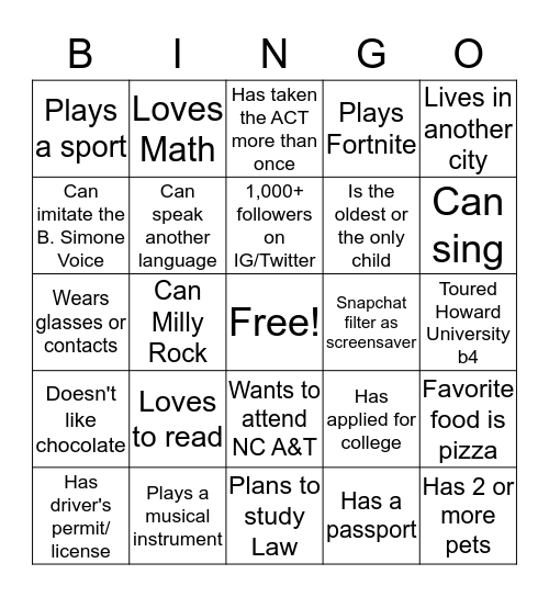 Getting to know you BINGO Card