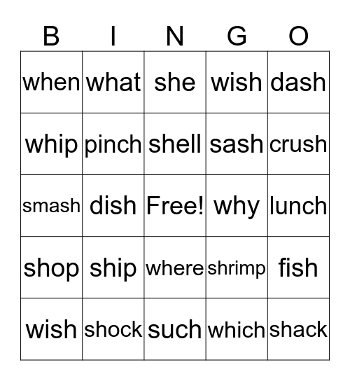 sh   ch  wh  th tch Bingo Card