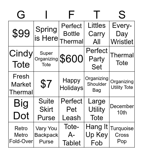 Top Giftable Styles Bingo Card