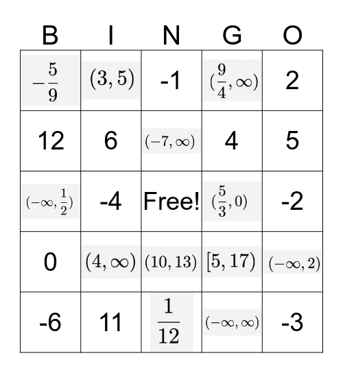 Math Bingo Card