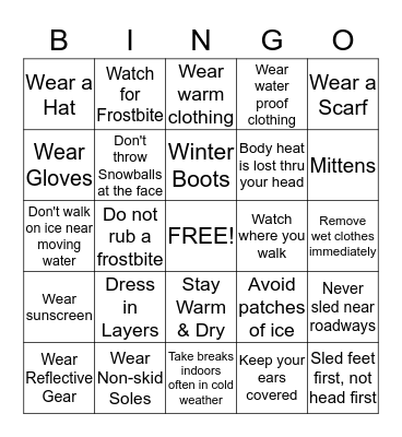 Winter Safety Bingo! Bingo Card