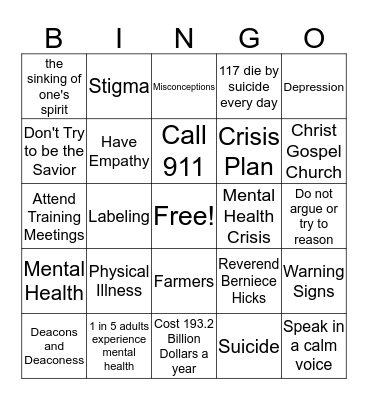 Mental Health Training Bingo Card