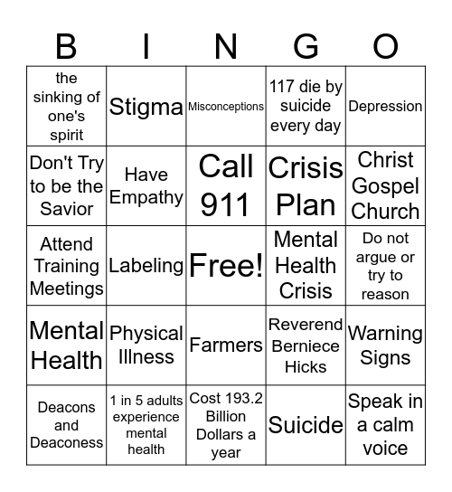 Mental Health Training Bingo Card