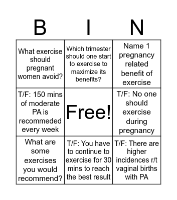 Pregnancy & Exercise Bingo Card