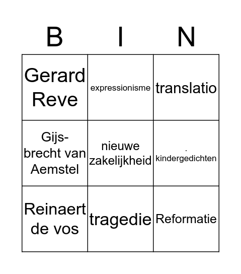 literatuurgeschiedenis Bingo Card