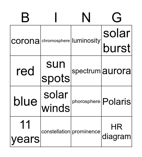 Sun and Stars Bingo Card