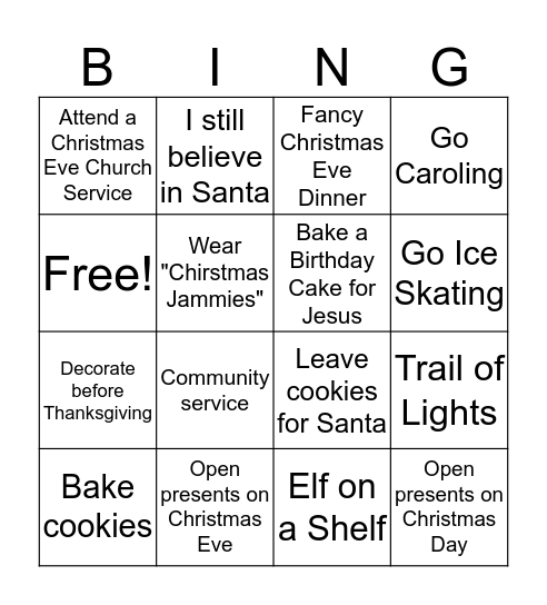 Christmas Traditions Bingo Card