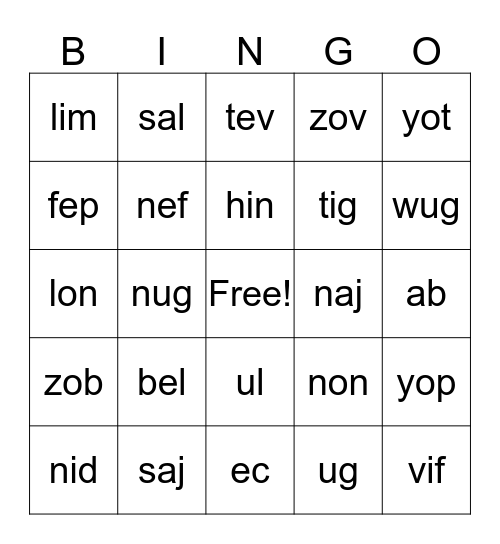 nonsense words Bingo Card