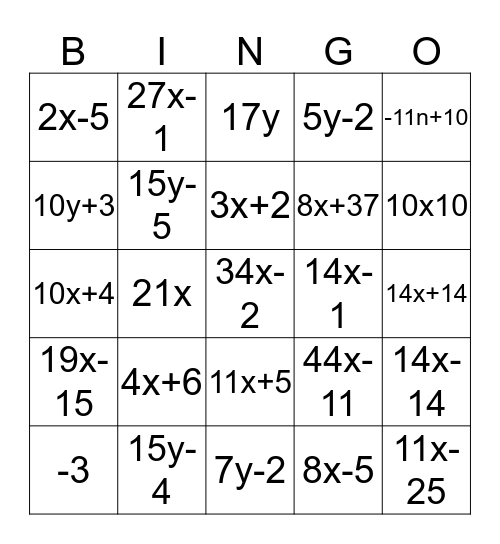 Algebraic Bingo  Bingo Card