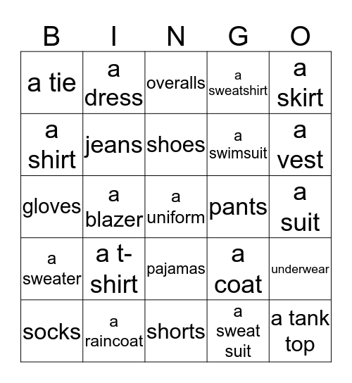 Clothing Bingo Card